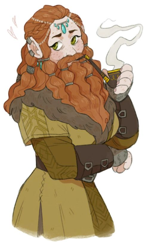 A lady Dwarf enjoys some pipe weed