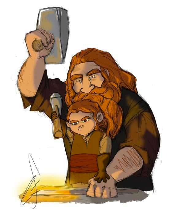 A Dwarven father patiently instructs his son in the ways of metalworking