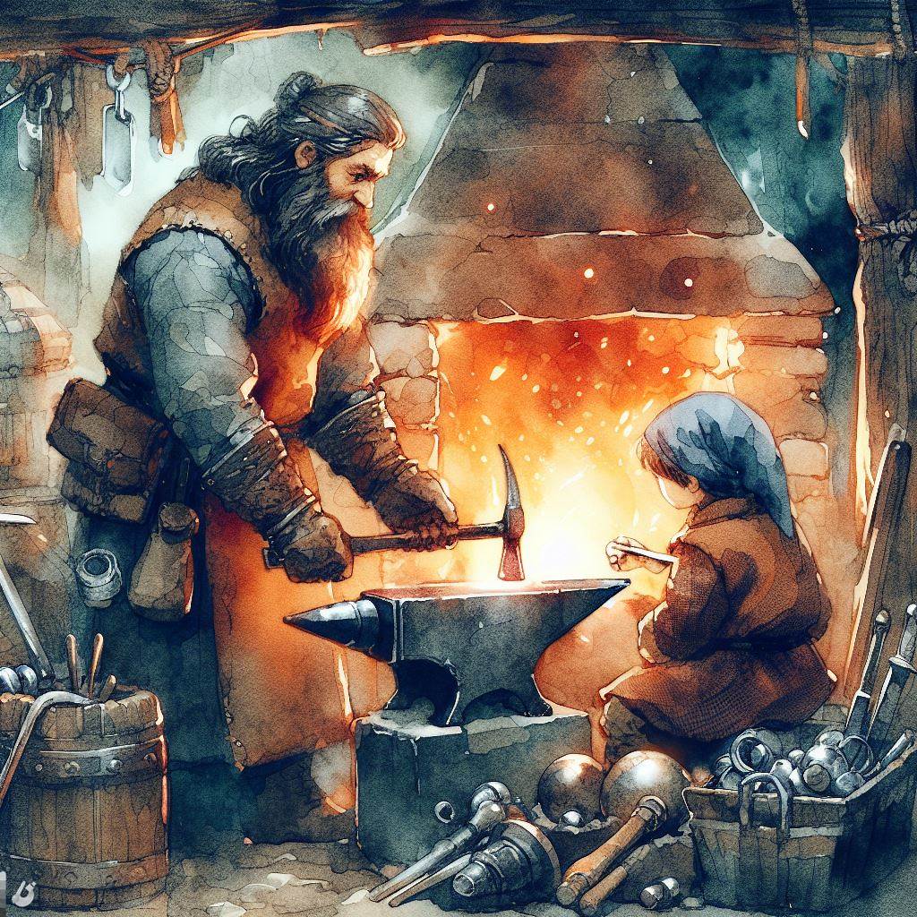 A Dwarven father patiently instructs his son in the ways of metalworking
