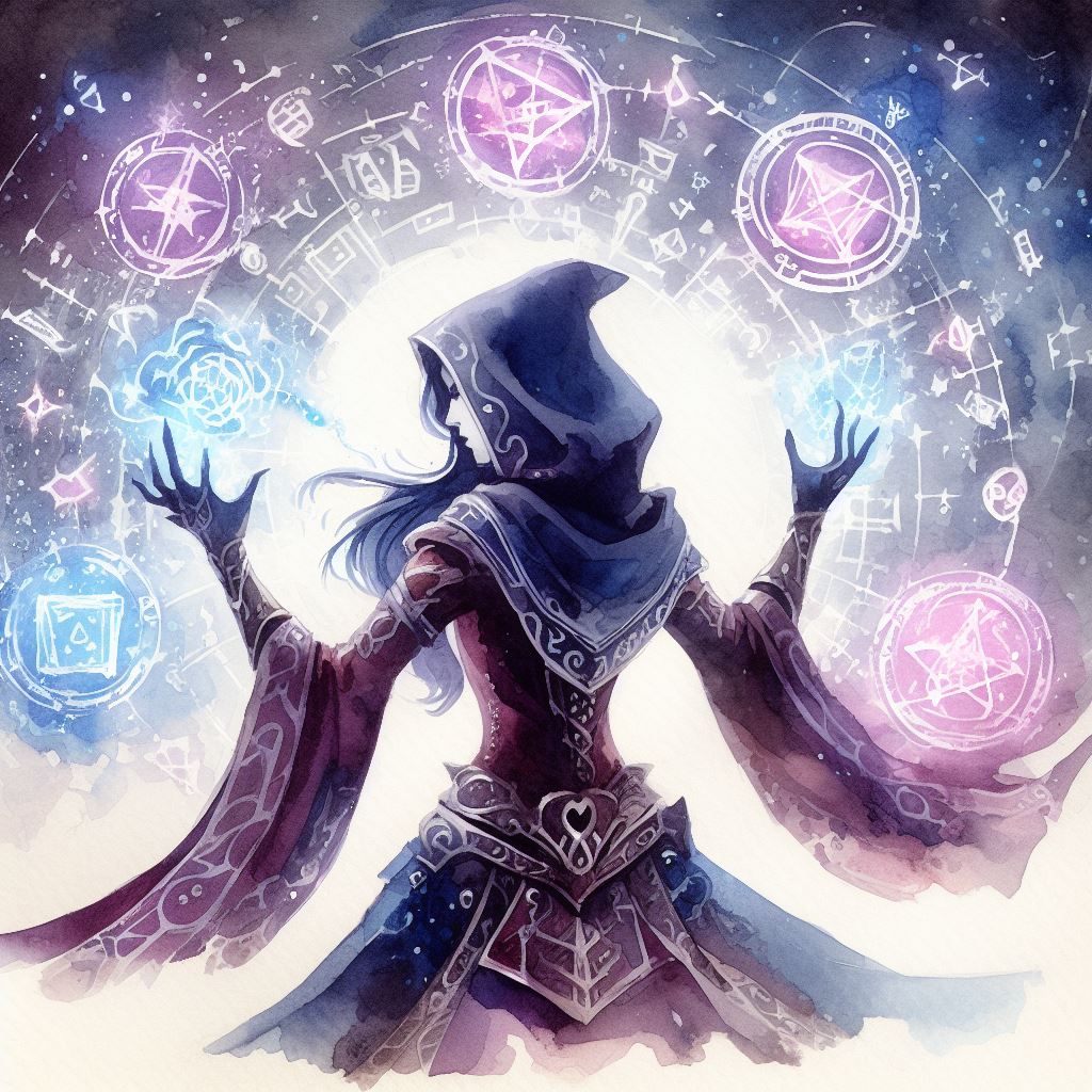 A Drow mage channels a complex array of Metamagic to suit her needs.