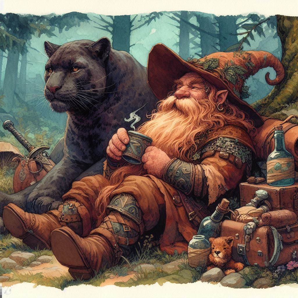 A lone Druid rests in a glade with his closest friend.